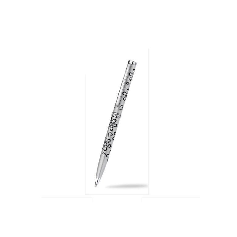 Elegant crystal flower ballpoint pen with silver finish and floral heart patterns by J R Jewellery