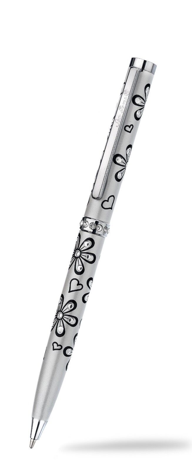 J R Jewellery crystal flower ballpoint pen with silver finish and black floral and heart designs