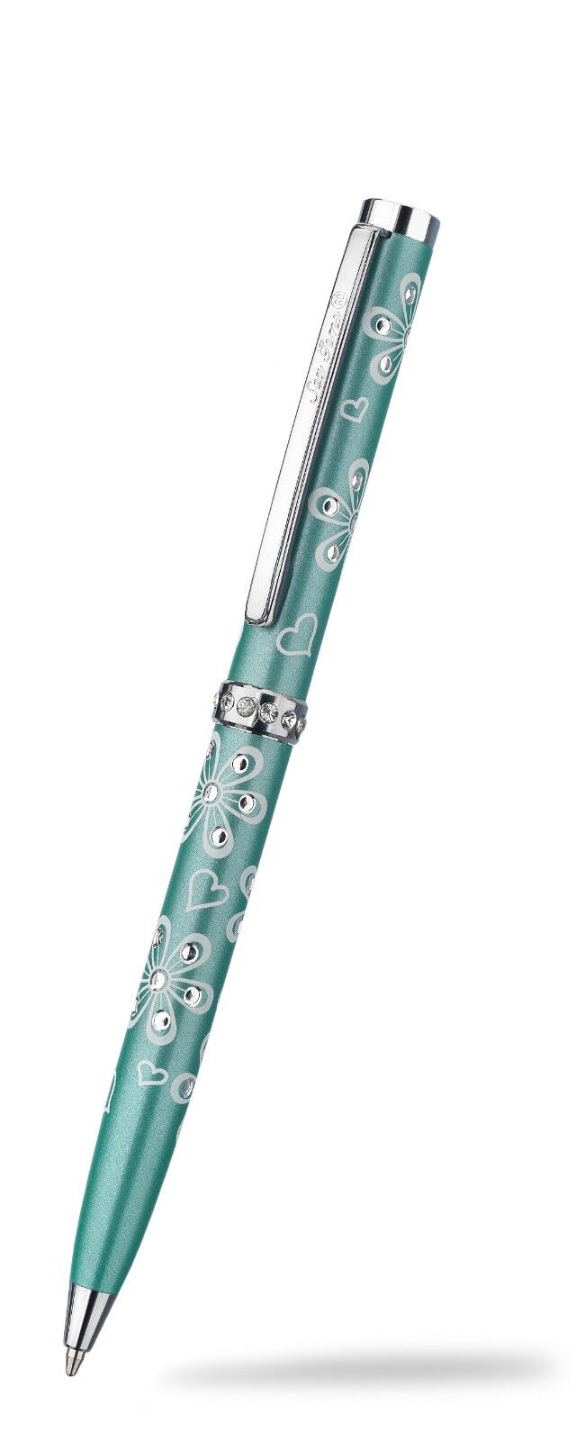 J R Jewellery crystal flower ballpoint pen with teal body decorated with silver hearts and crystals