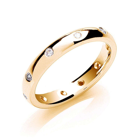 Diamond court wedding band yellow gold with round diamonds set around the smooth polished band