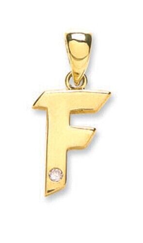 Diamond initial pendant 9ct gold in letter F design with a small sparkling diamond by J R Jewellery