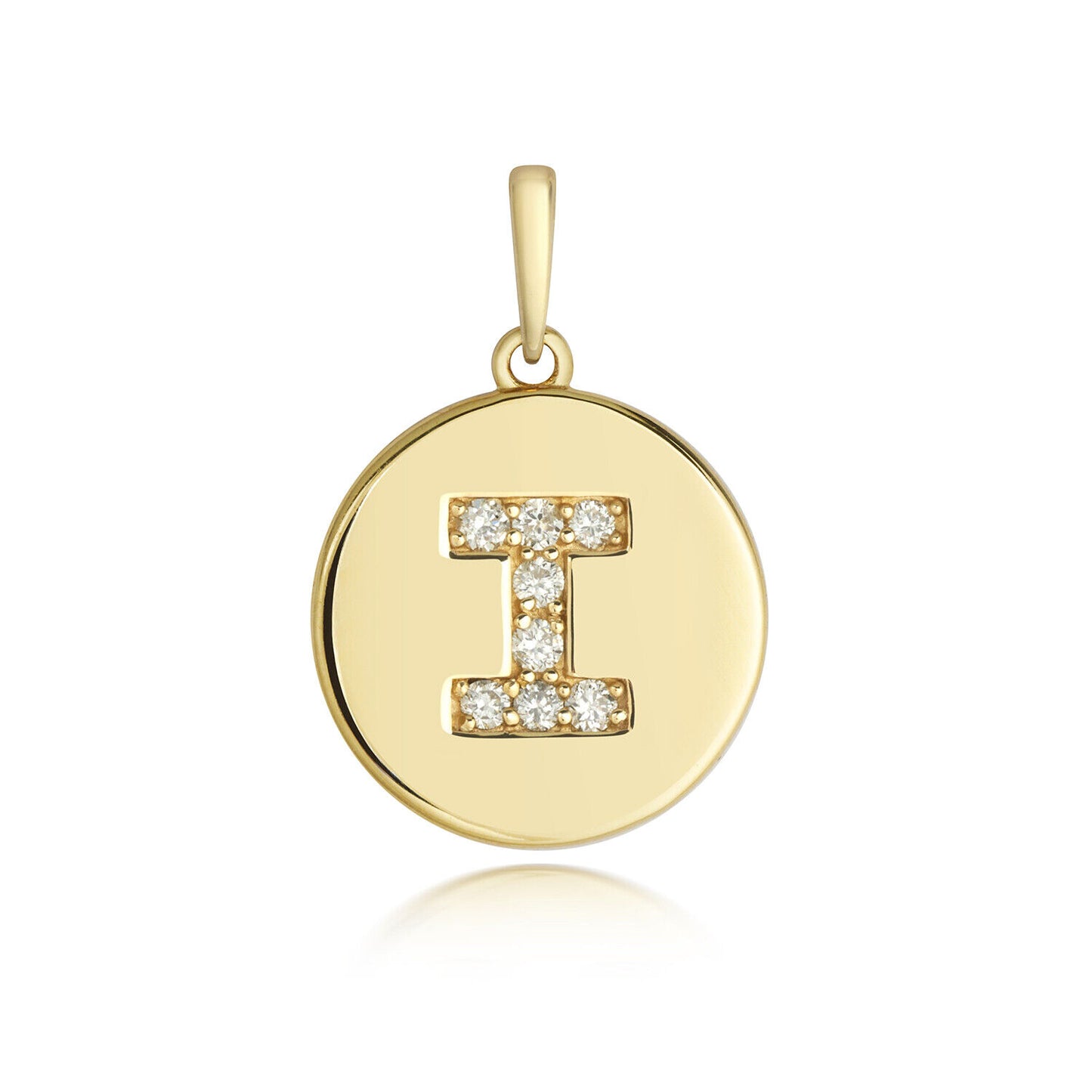 Diamond initial pendant 9ct gold round disc with sparkling diamonds in letter I design