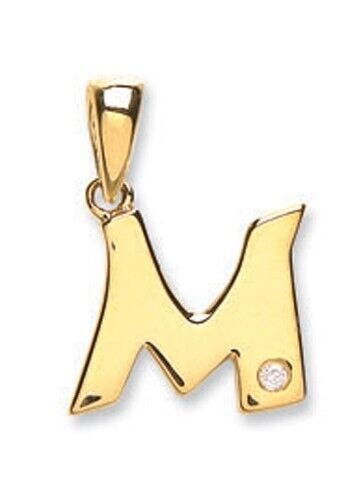 Diamond initial pendant 9ct gold featuring letter M with a small diamond detail by J R Jewellery