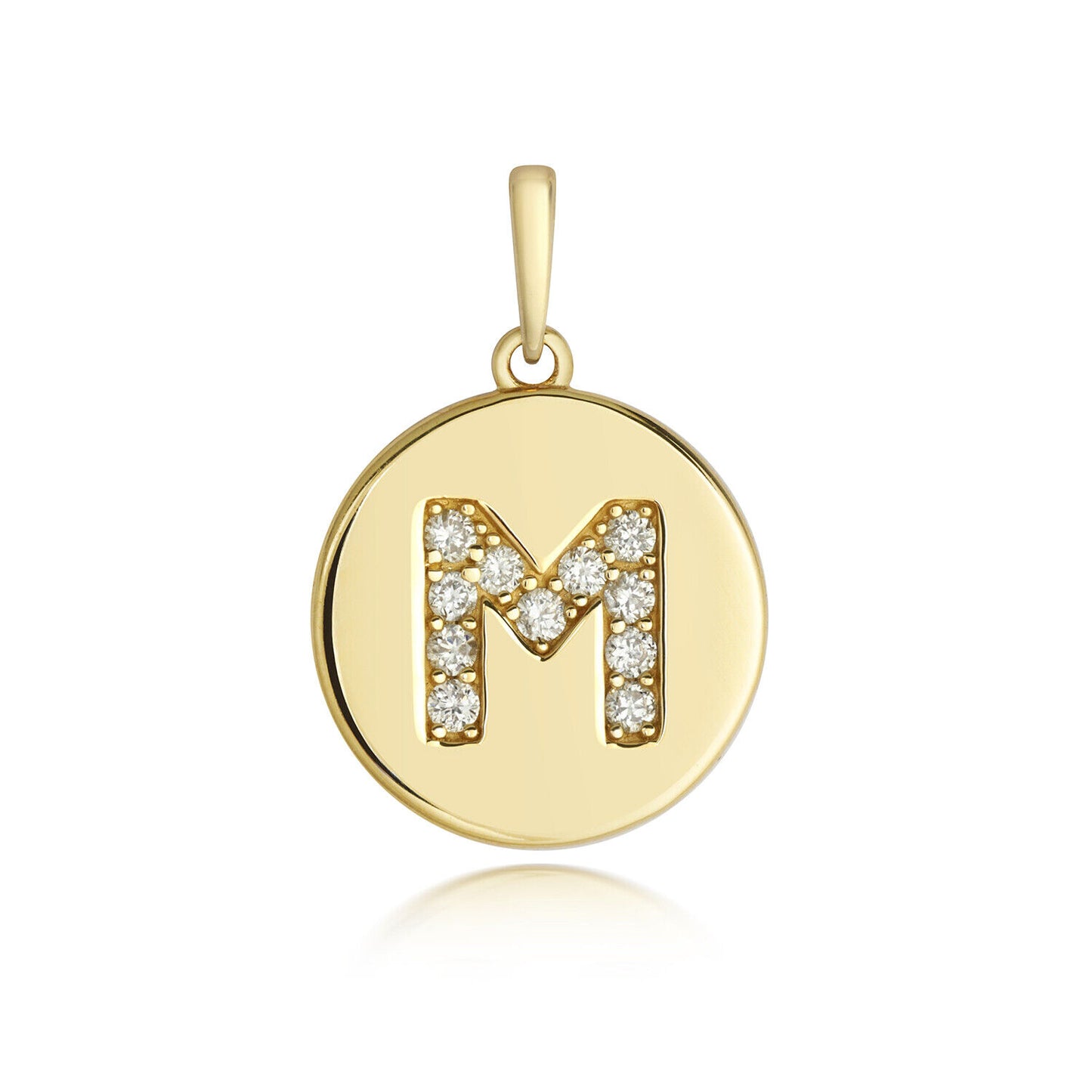 Diamond initial pendant 9ct gold round disc with letter M embellished with sparkling diamonds