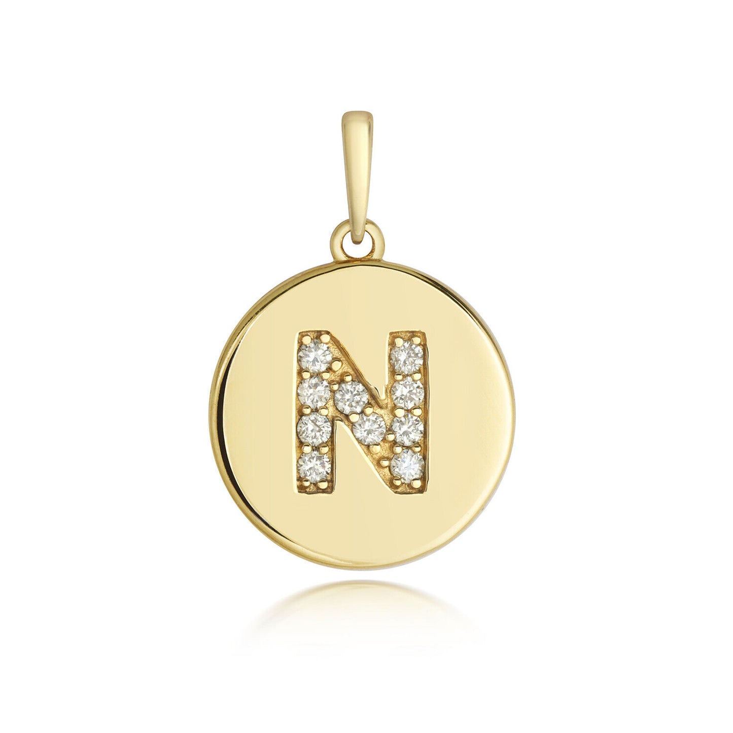 J R Jewellery diamond initial pendant 9ct gold with letter N and sparkling diamonds on round disc