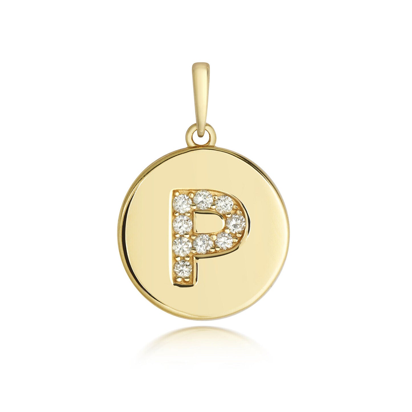 Diamond initial pendant 9ct gold letter P round disc design with sparkling diamonds