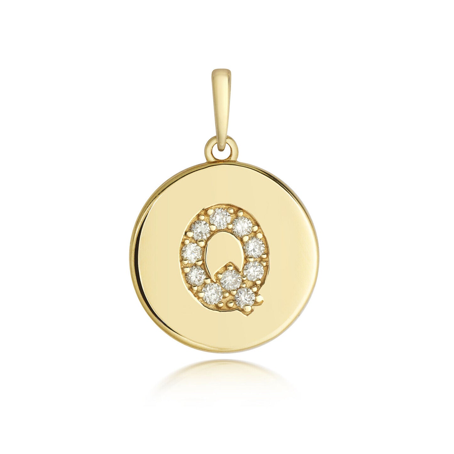 Diamond initial pendant 9ct gold round disc with diamond encrusted letter Q by J R Jewellery