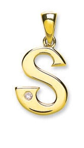 Diamond initial pendant 9ct gold letter S with single diamond detail by J R Jewellery