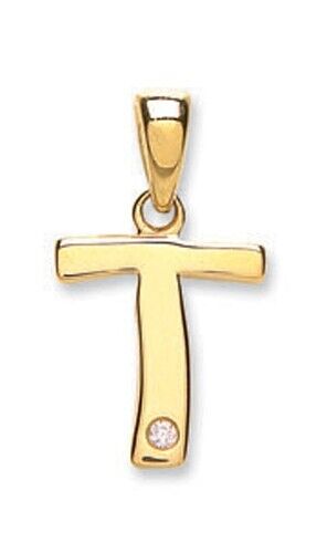 Diamond initial pendant 9ct gold letter T with small diamond detail by J R Jewellery