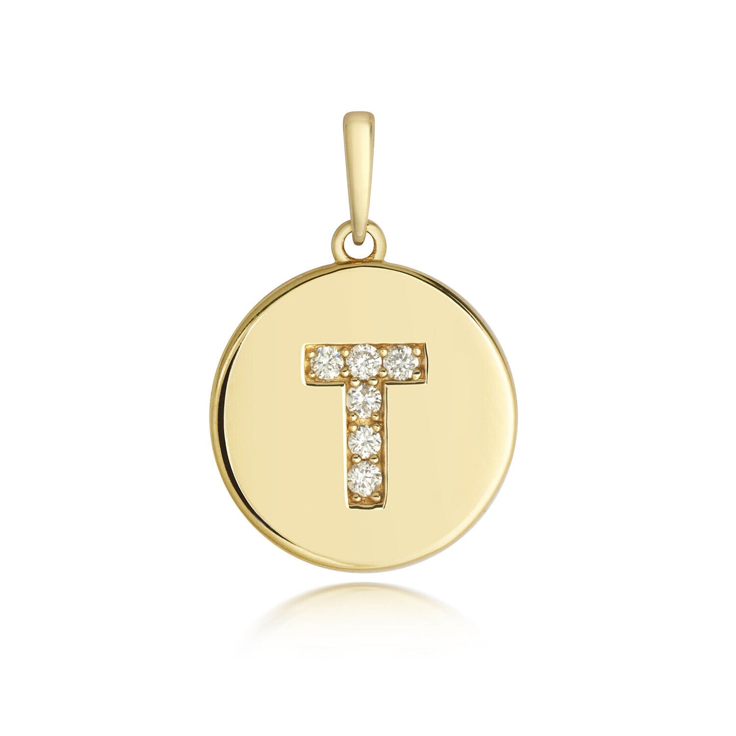 Diamond initial pendant 9ct gold with letter T featuring sparkling diamonds on a round disc