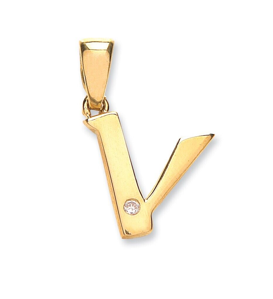 J R Jewellery diamond initial pendant 9ct gold letter V with single diamond detail