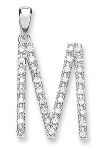 Diamond initial pendant white gold in letter M design with sparkling round diamonds by J R Jewellery