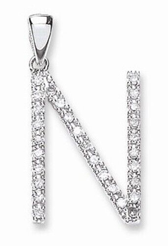 Diamond initial pendant white gold in letter N design with sparkling stones from J R Jewellery