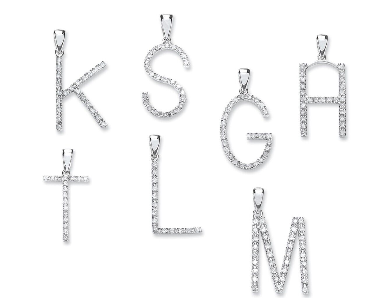 Diamond initial pendant white gold charms displaying letters K S G A T L M with sparkling stones