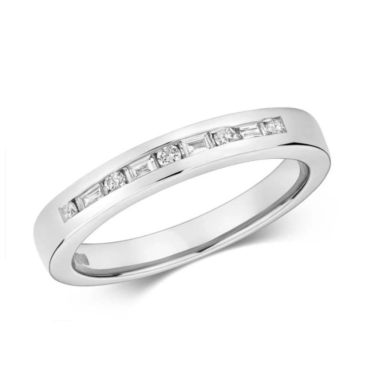 Real Diamond Half Eternity Ring 9ct White Gold Round and Baguette Cut Band