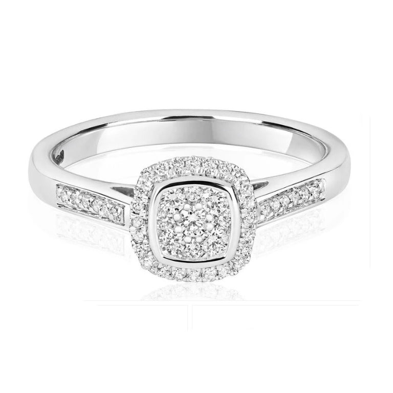 Real Diamond Ring Cushion Halo Cluster 9ct White Gold 0.25ctw Engagement
