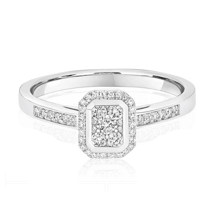 Real Diamond Halo Cluster Ring 9ct White Gold Engagement Rectangular 0.25ctw