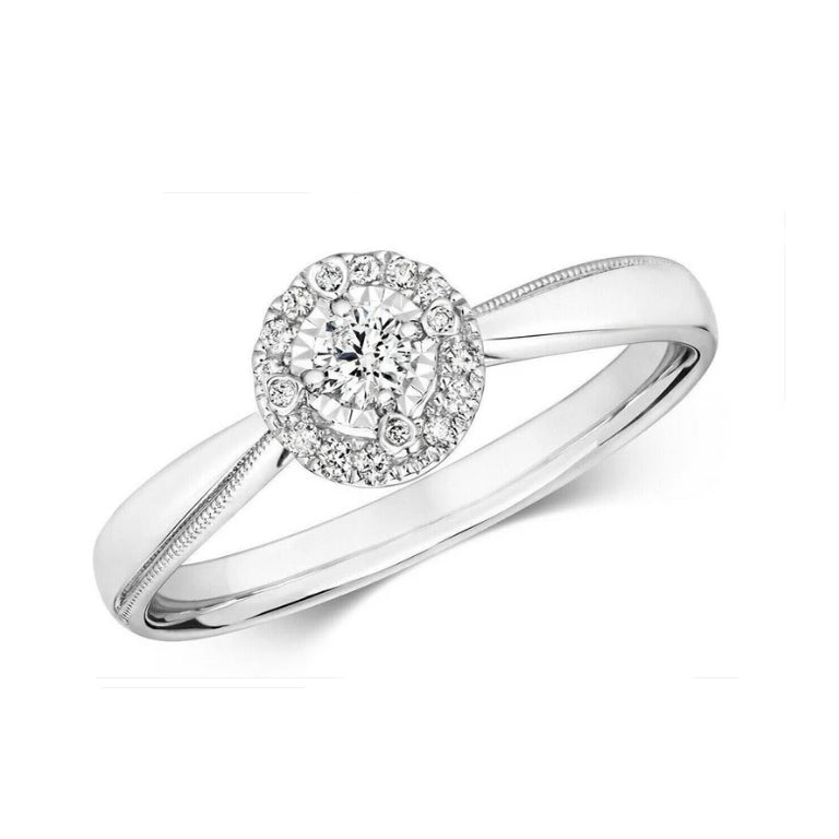 Real Diamond Ring Illusion 9ct White Gold Solitaire Cluster 0.15ctw