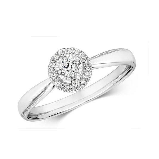 Real Diamond Ring Illusion 9ct White Gold Solitaire Cluster 0.15ctw