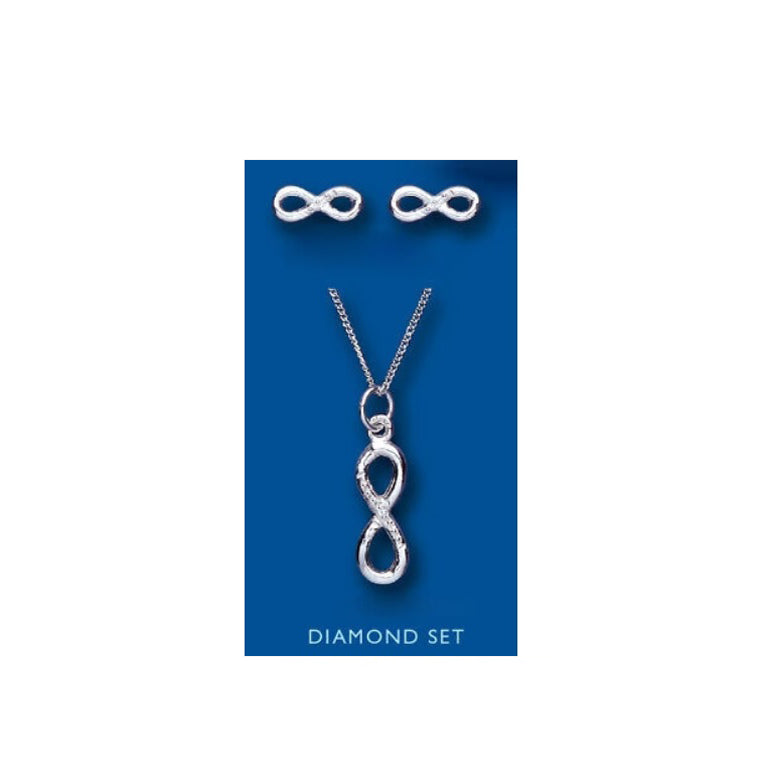 Real Diamond Infinity Pendant and Earrings Sterling Silver 925 Hallmark 16 - 18"