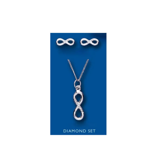 Real Diamond Infinity Pendant and Earrings Sterling Silver 925 Hallmark 16 - 18"