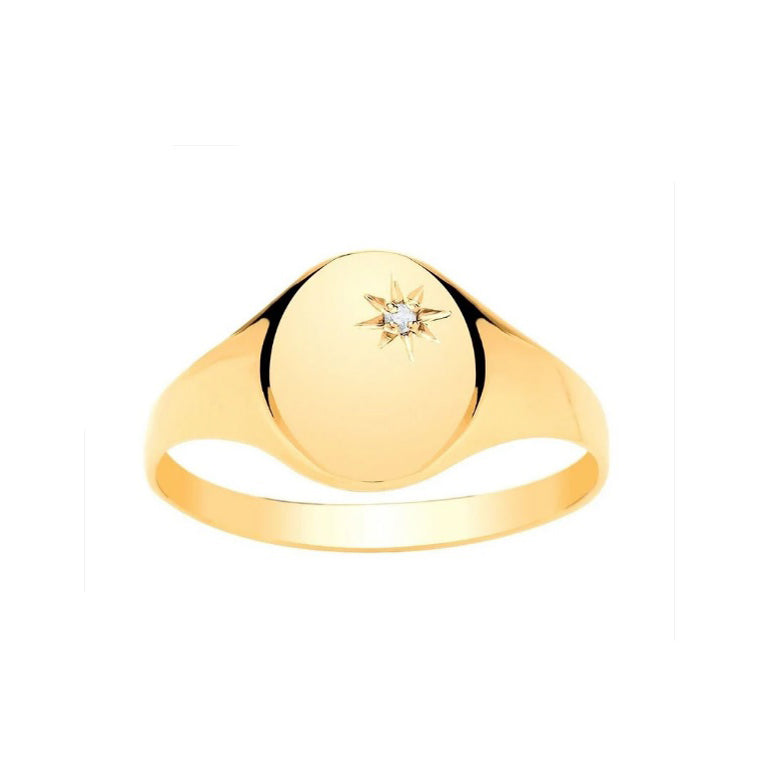 Ladies Diamond Signet Ring Solid 9ct Yellow Gold Oval Fully Hallmarked