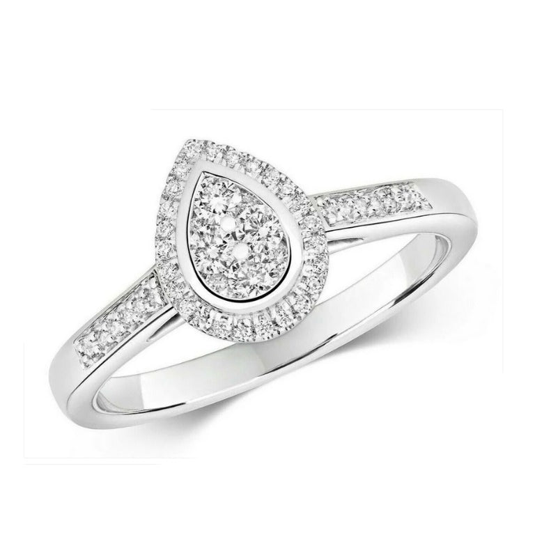 Real Diamond Pear Ring 9ct White Gold Cluster Engagement 0.25ctw