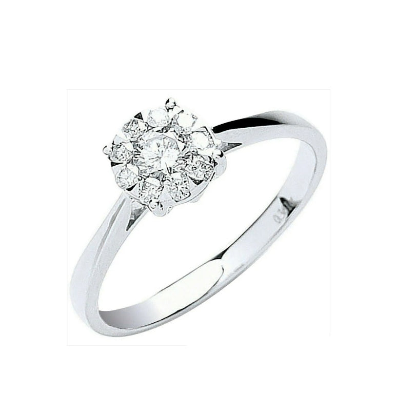 Real Diamond Solitaire Cluster Ring 18ct White Gold 0.33 Carat Weight of Diamond