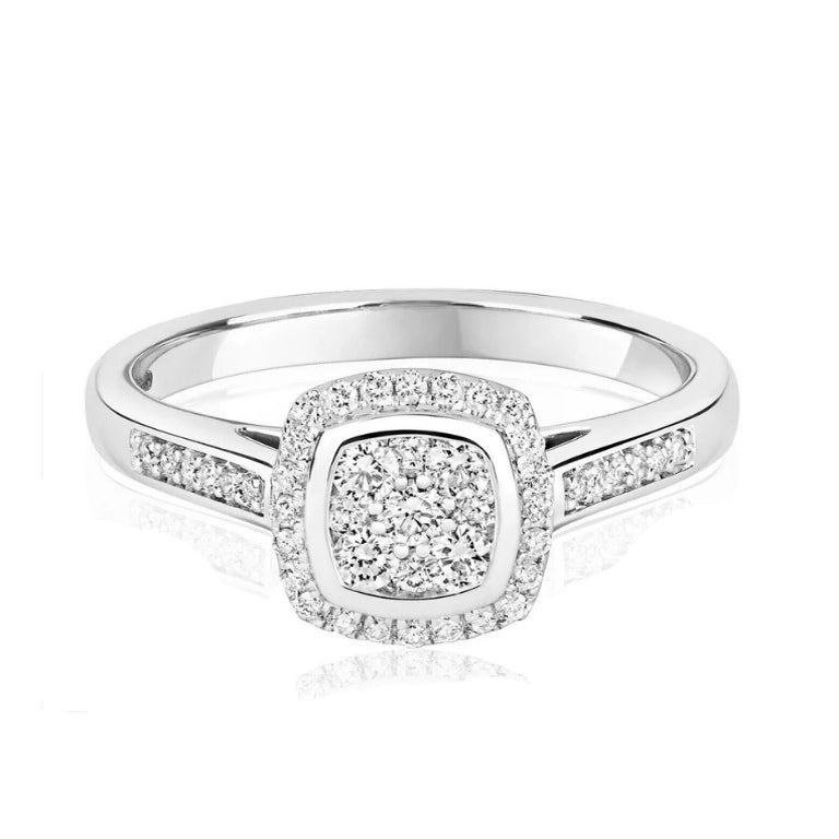 Real Diamond Square Cushion Ring 9ct White Gold Cluster Halo Engagement