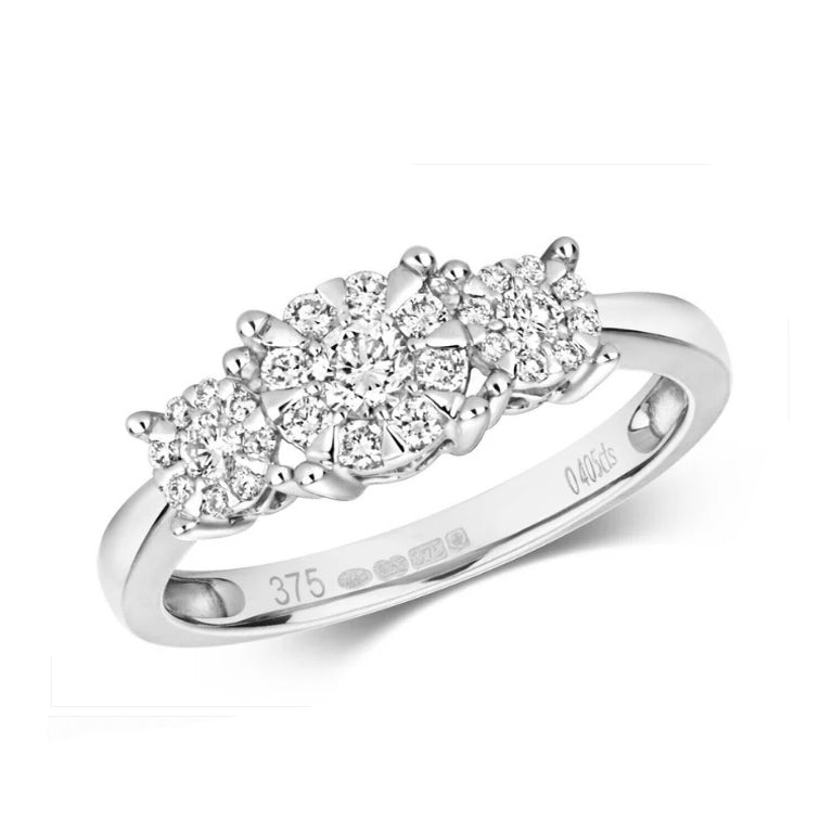 Real Diamond Three Cluster Ring 9ct White Gold 0.41 carat of Diamonds
