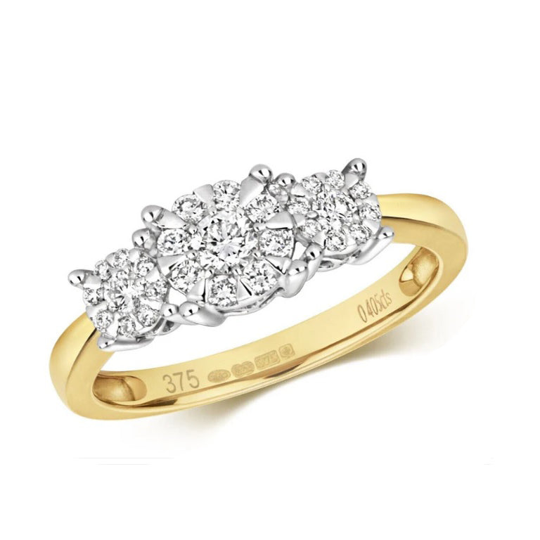 Real Diamond Three Cluster Ring 9ct Yellow Gold 0.41 carat of Diamonds