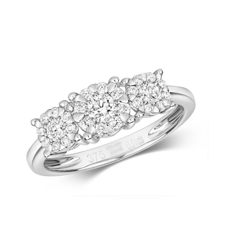 Real Diamond Three Cluster Ring 9ct White Gold 0.51 carat of Diamonds