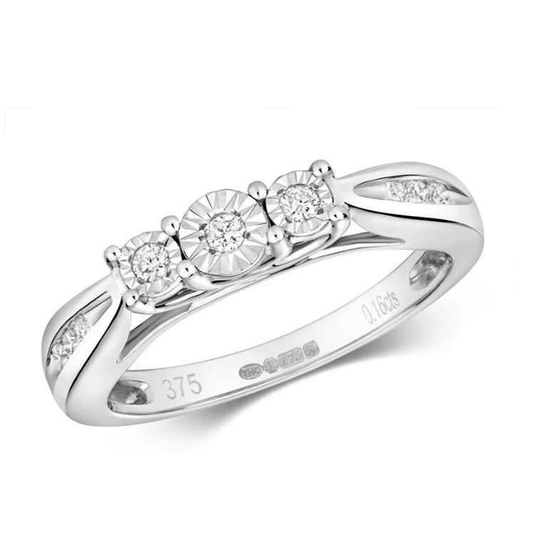 Real Diamond Three Stone Ring 9ct White Gold Trilogy Size J K L M N O P Q