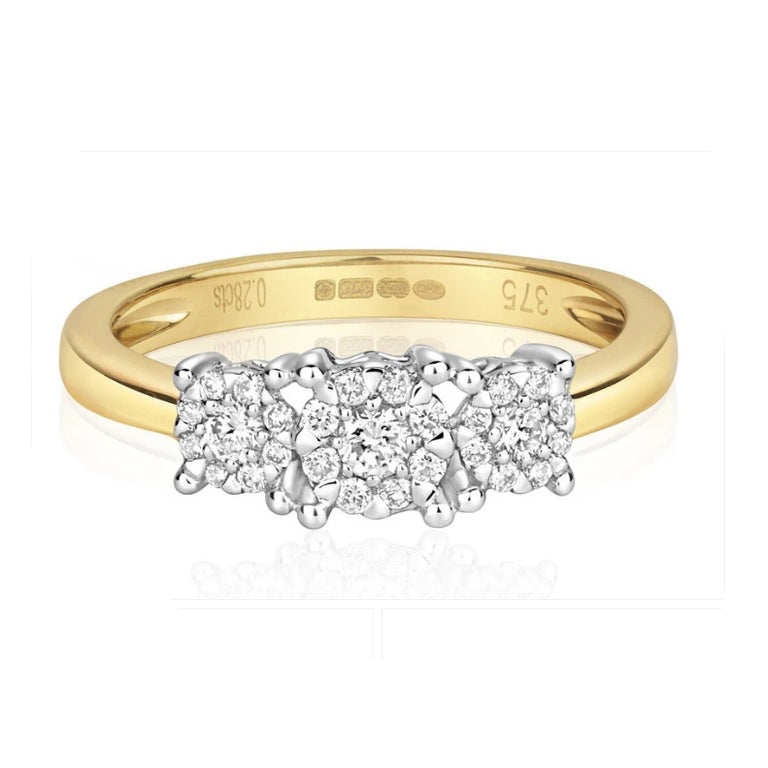 Real Diamond Ring Three Stone Cluster Trilogy 9ct Yellow Gold 0.29ctw Size J - Q