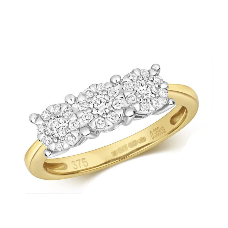 Real Diamond Trilogy Ring 9ct Yellow Gold Three Cluster Engagement 0.39ctw