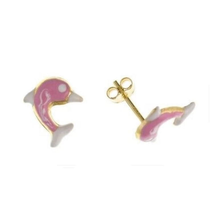 9ct Dolphin Stud Earrings Yellow Gold Pink Enamel Studs British Made