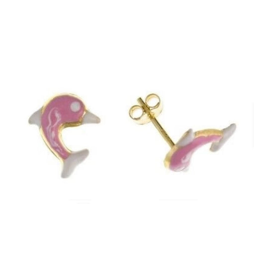 9ct Dolphin Stud Earrings Yellow Gold Pink Enamel Studs British Made