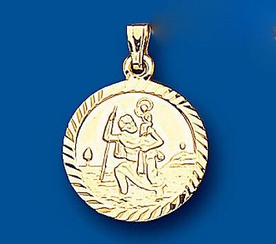 J R Jewellery double sided St Christopher necklace 16mm in gold with intricate detailing