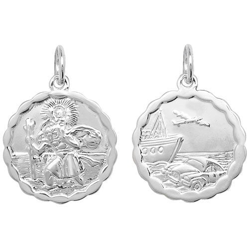 J R Jewellery double sided St Christopher necklace in silver with detailed engravings on both sides