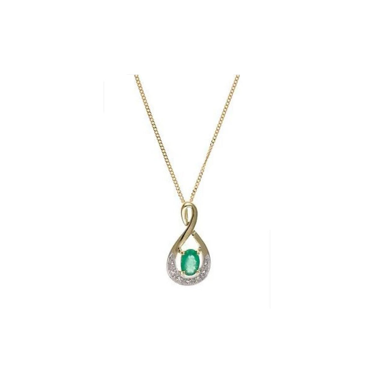 Elegant emerald and diamond pendant with gold chain by J R Jewellery on white background