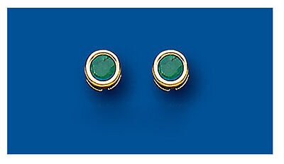 J R Jewellery emerald solitaire stud earrings set in gold with vibrant green gemstones on blue background