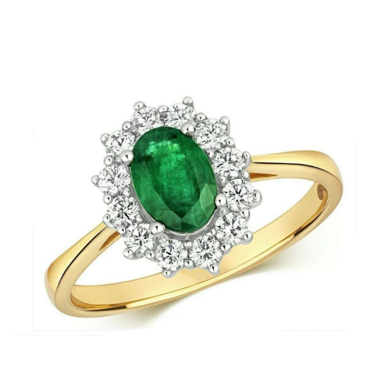 Real Emerald and Diamond Ring 18ct Yellow Gold Oval Cluster Size J - Q