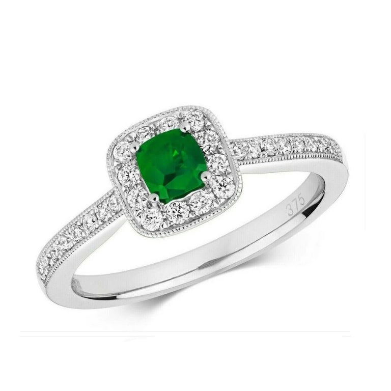 Real Emerald and Diamond Ring 9ct White Gold Cushion Cluster Engagement
