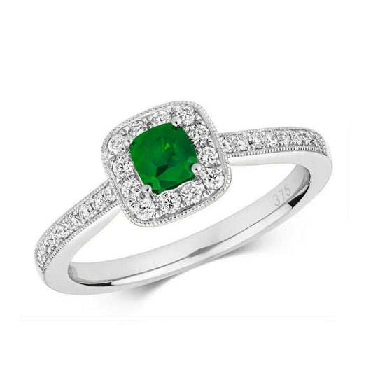 Real Emerald and Diamond Ring 9ct White Gold Cushion Cluster Engagement