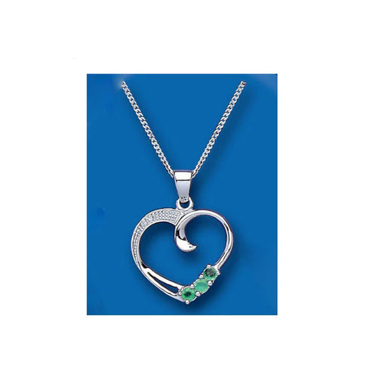 Emerald and Diamond Heart Pendant Sterling Silver Necklace