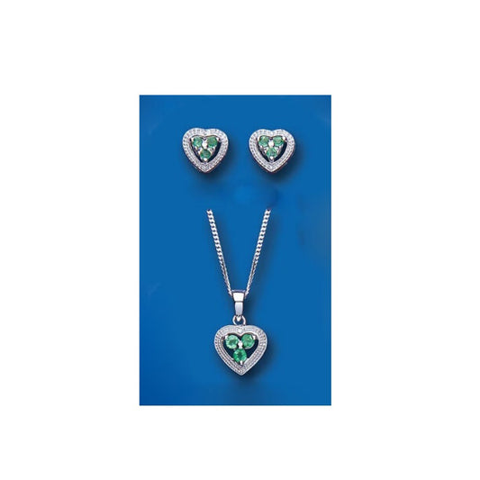 Emerald and Diamond Heart Set Pendant and Earrings Solid Sterling Silver