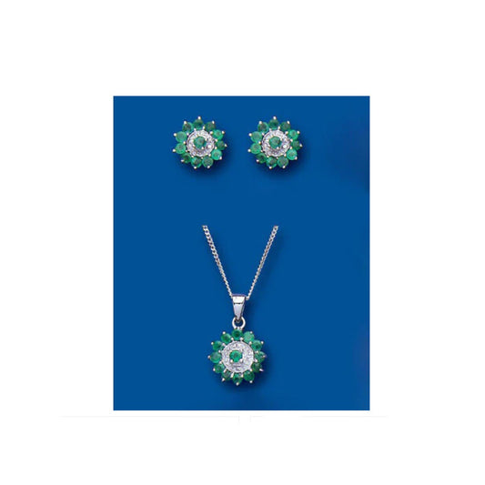 Emerald and Diamond Pendant and Earrings Set Solid Sterling Silver