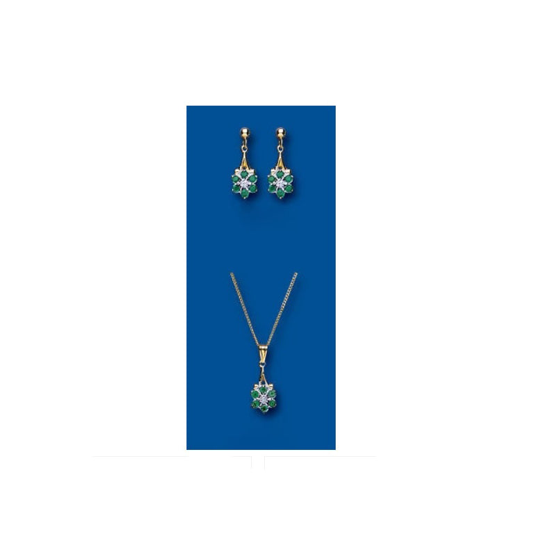 Emerald and Diamond Pendant and Earring Set Drop Earrings Yellow Gold