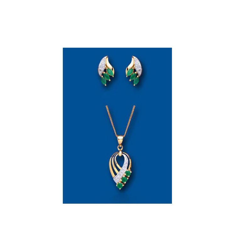 Emerald and Diamond Set Pendant and Earrings Yellow Gold