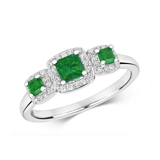 Real Emerald and Diamond Ring 9ct White Gold Three Stone Trilogy Square Cluster